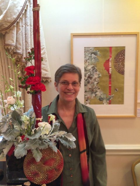 Helga Bergland floral intrepation of WSA Artist Nan Rumpf's watercolor: "Intent" (Nan Rumpf is featured in this photo)