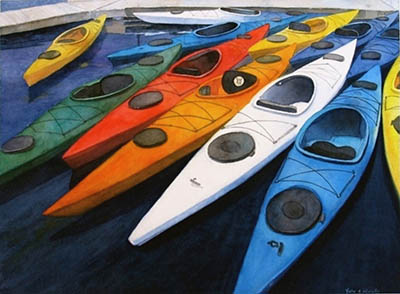 Yale Nicolls, "Kayaks!", Watercolor
